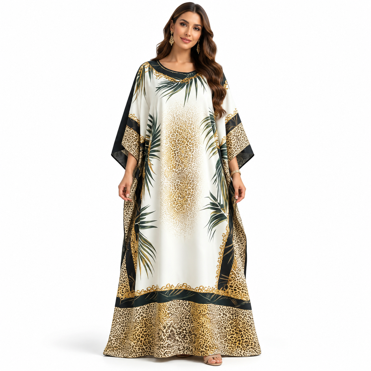 Beige Leopard Palm Print Baju Kaftan