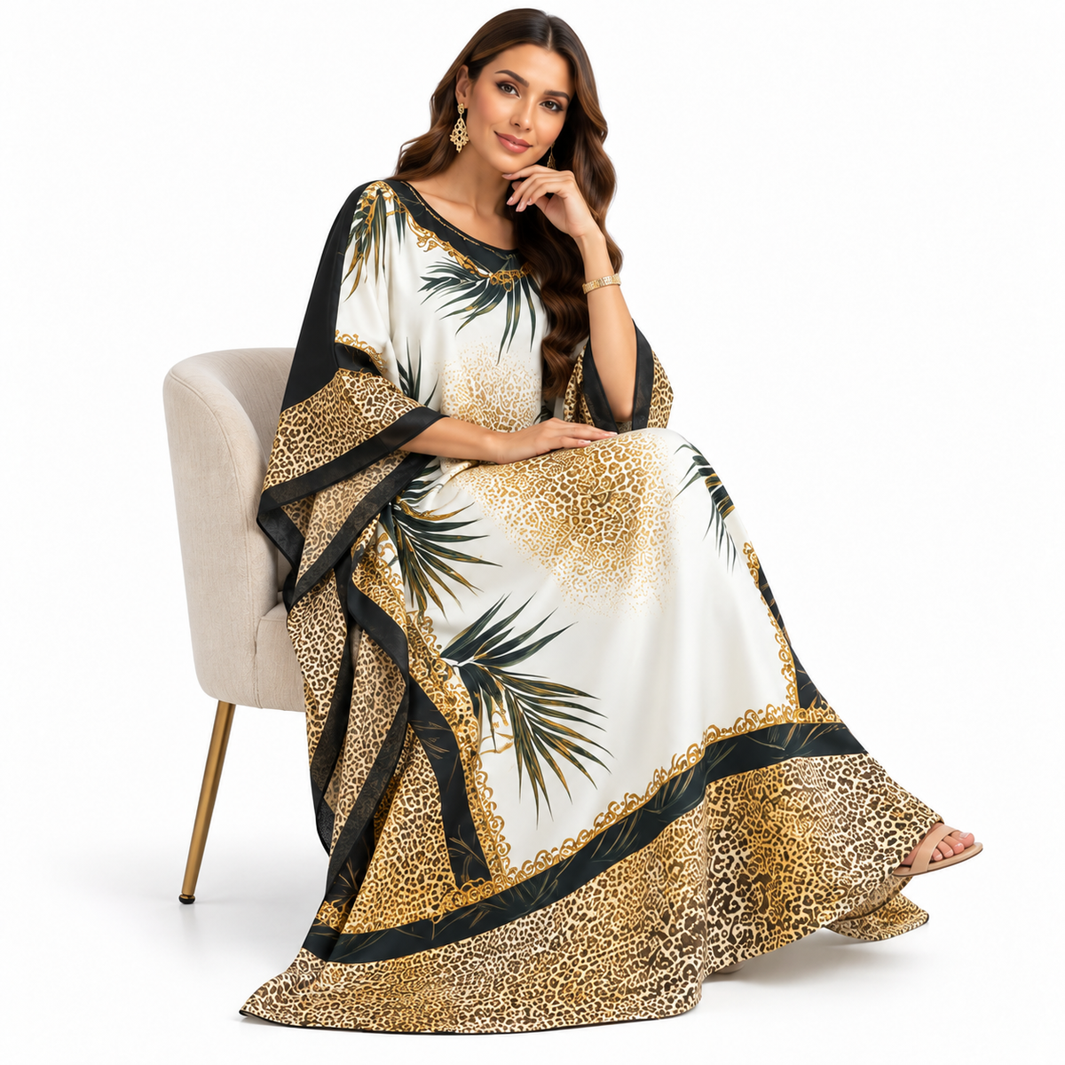 Beige Leopard Palm Print Baju Kaftan
