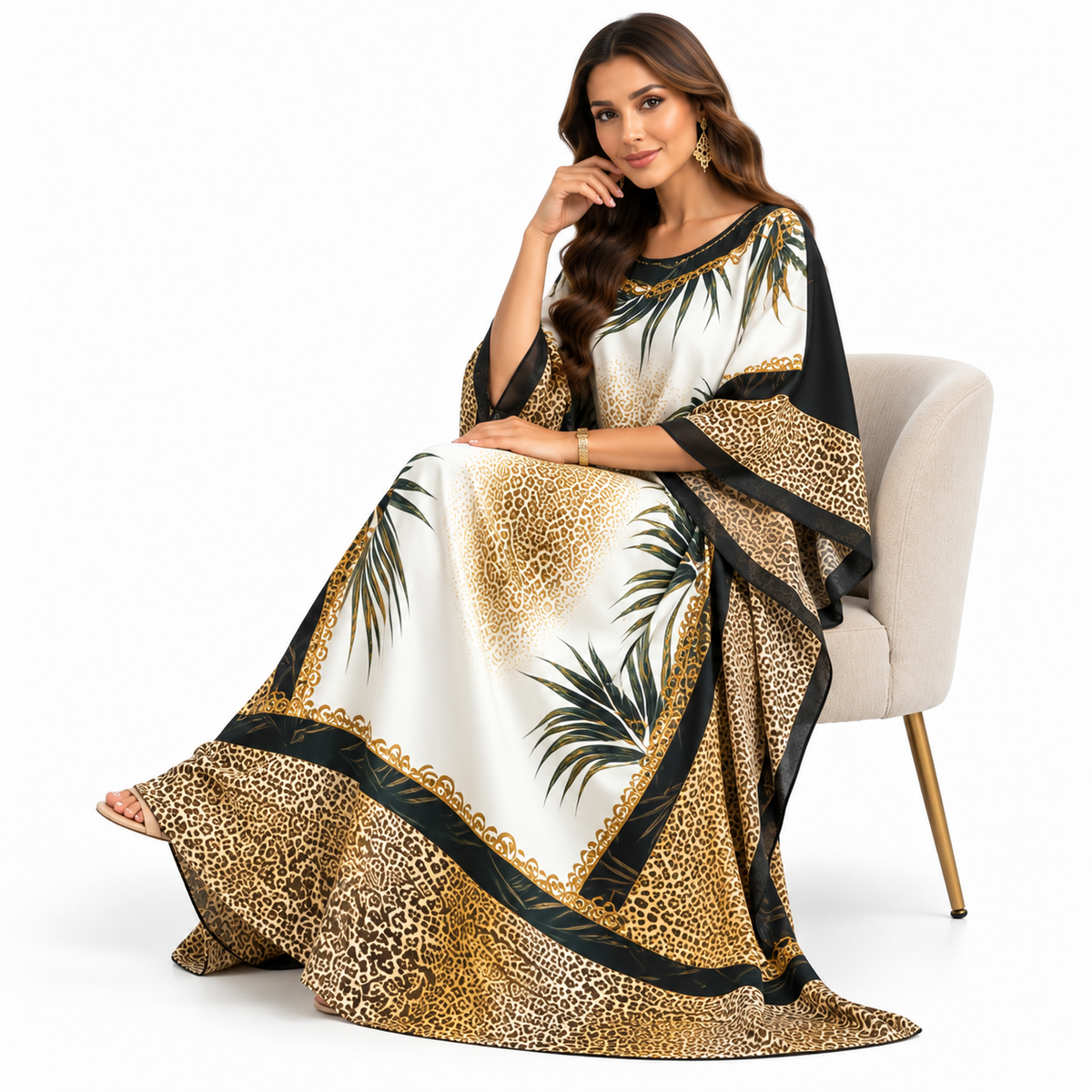 Beige Leopard Palm Print Baju Kaftan