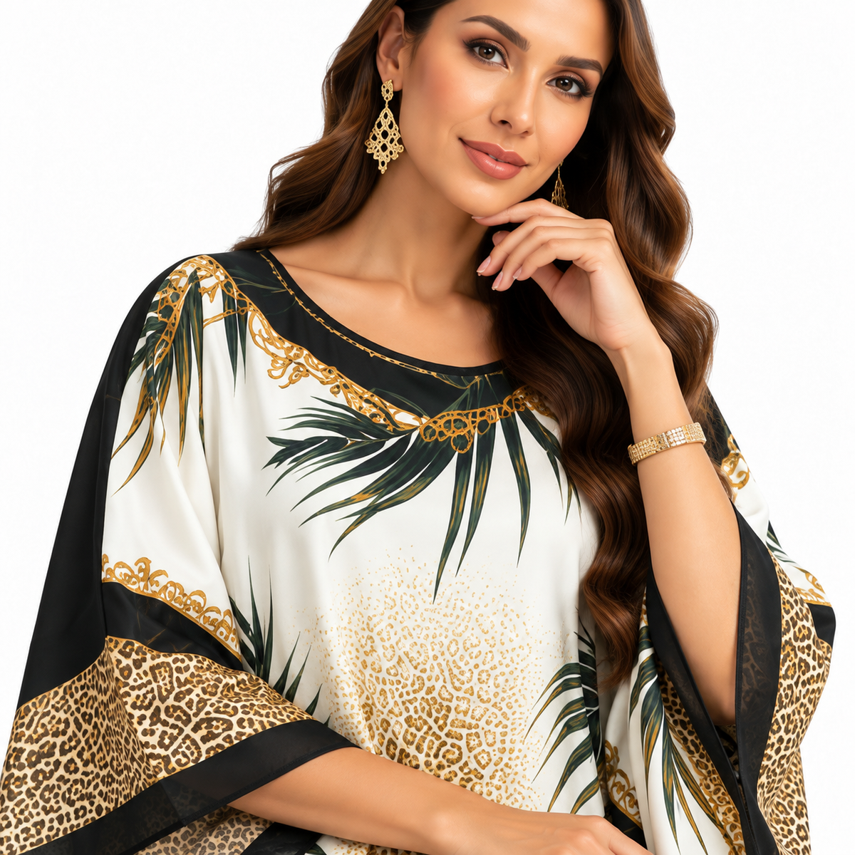 Beige Leopard Palm Print Baju Kaftan