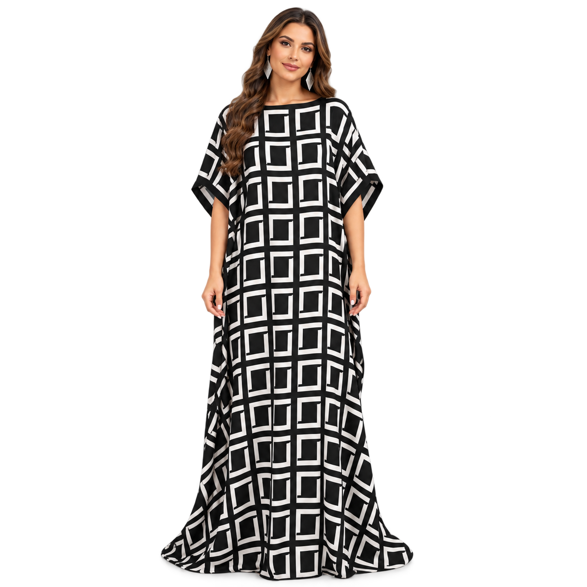 Black White Geometric Print Baju Kaftan