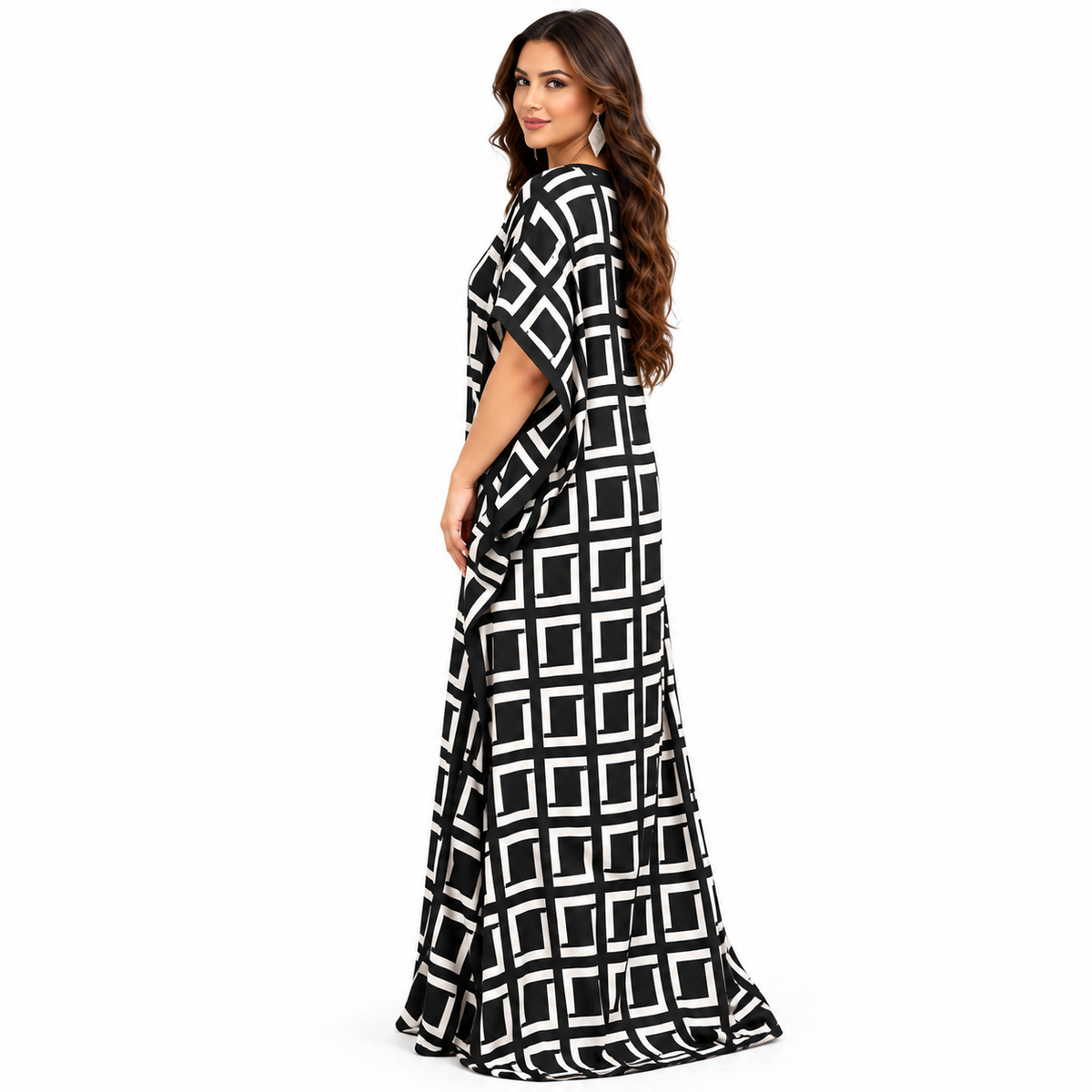 Black White Geometric Print Baju Kaftan