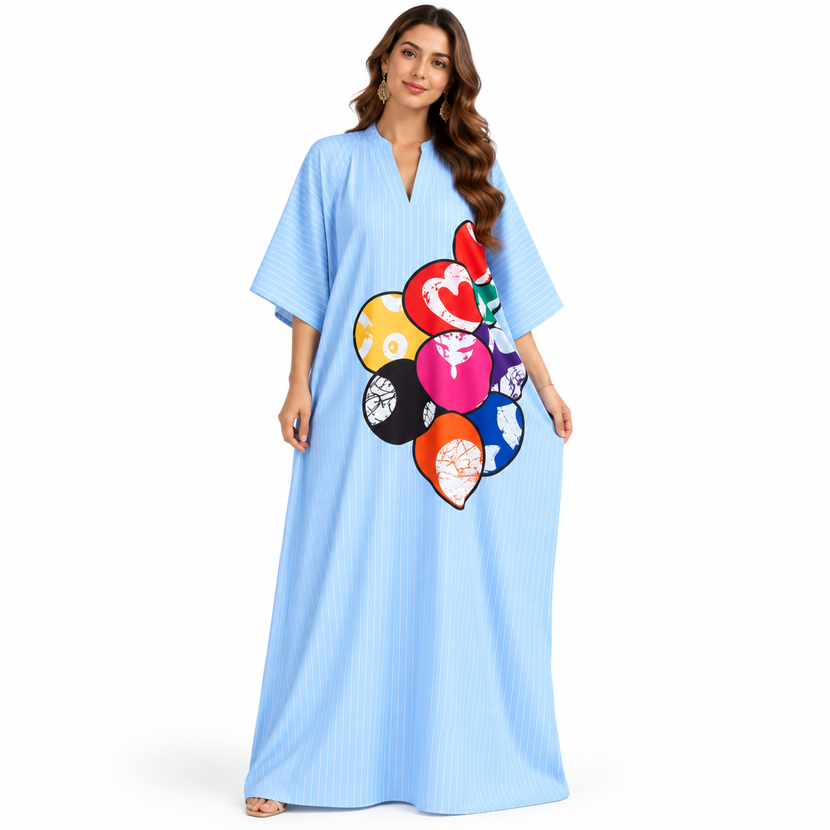 Light Blue Graphic Striped Baju Kaftan