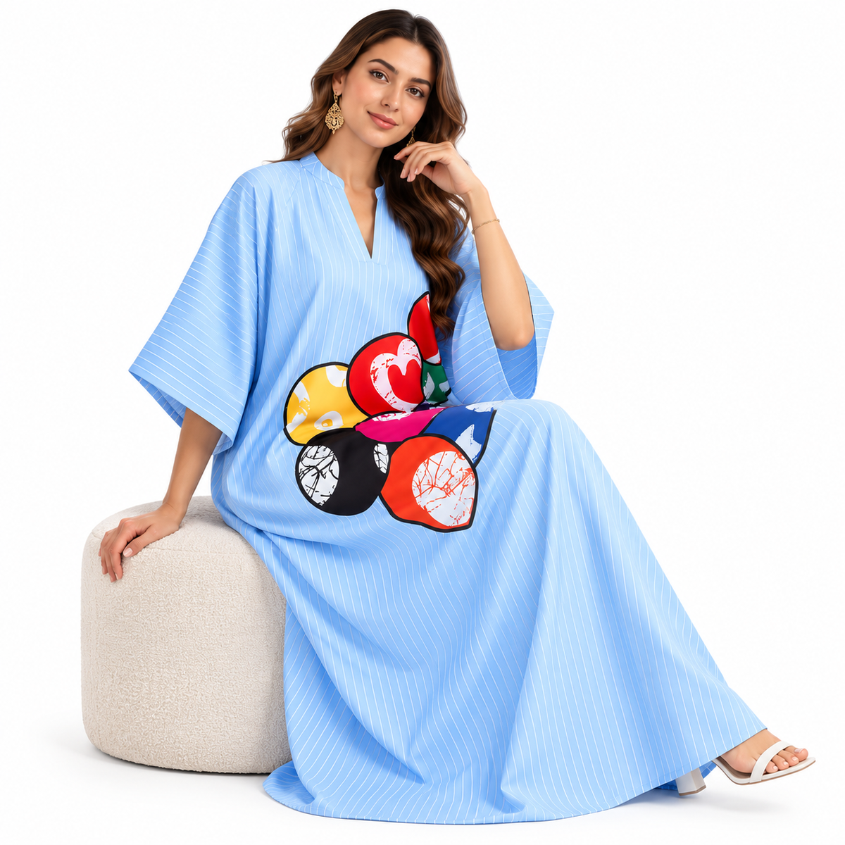 Light Blue Graphic Striped Baju Kaftan