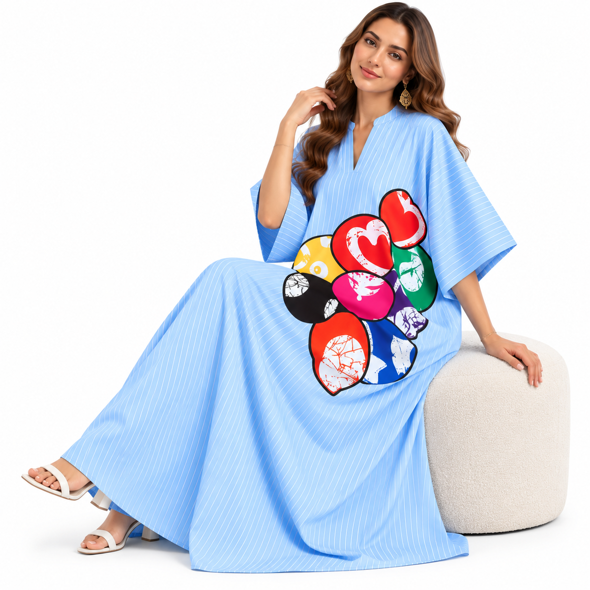Light Blue Graphic Striped Baju Kaftan
