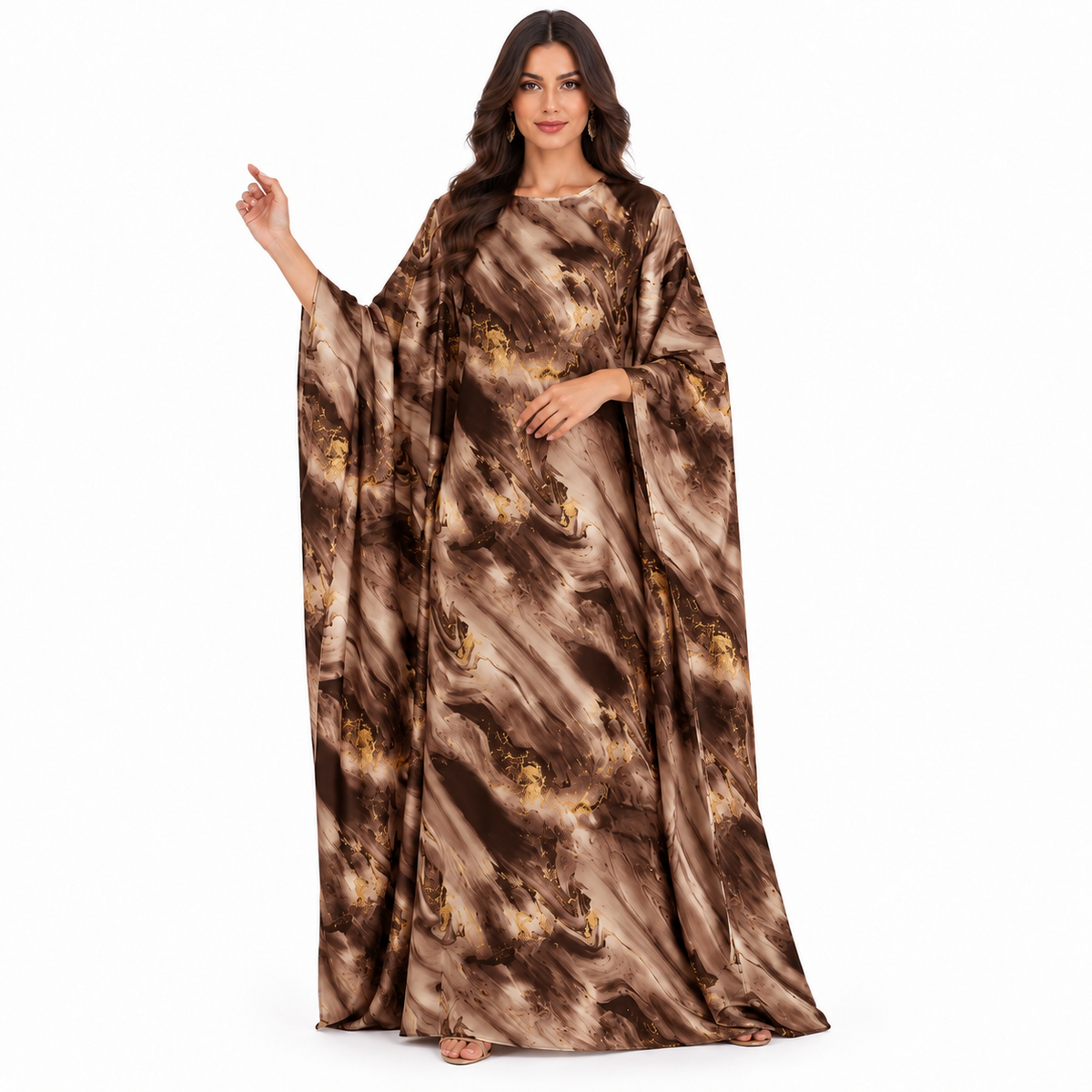 Coffee Marble Print Flowing Baju Kaftan