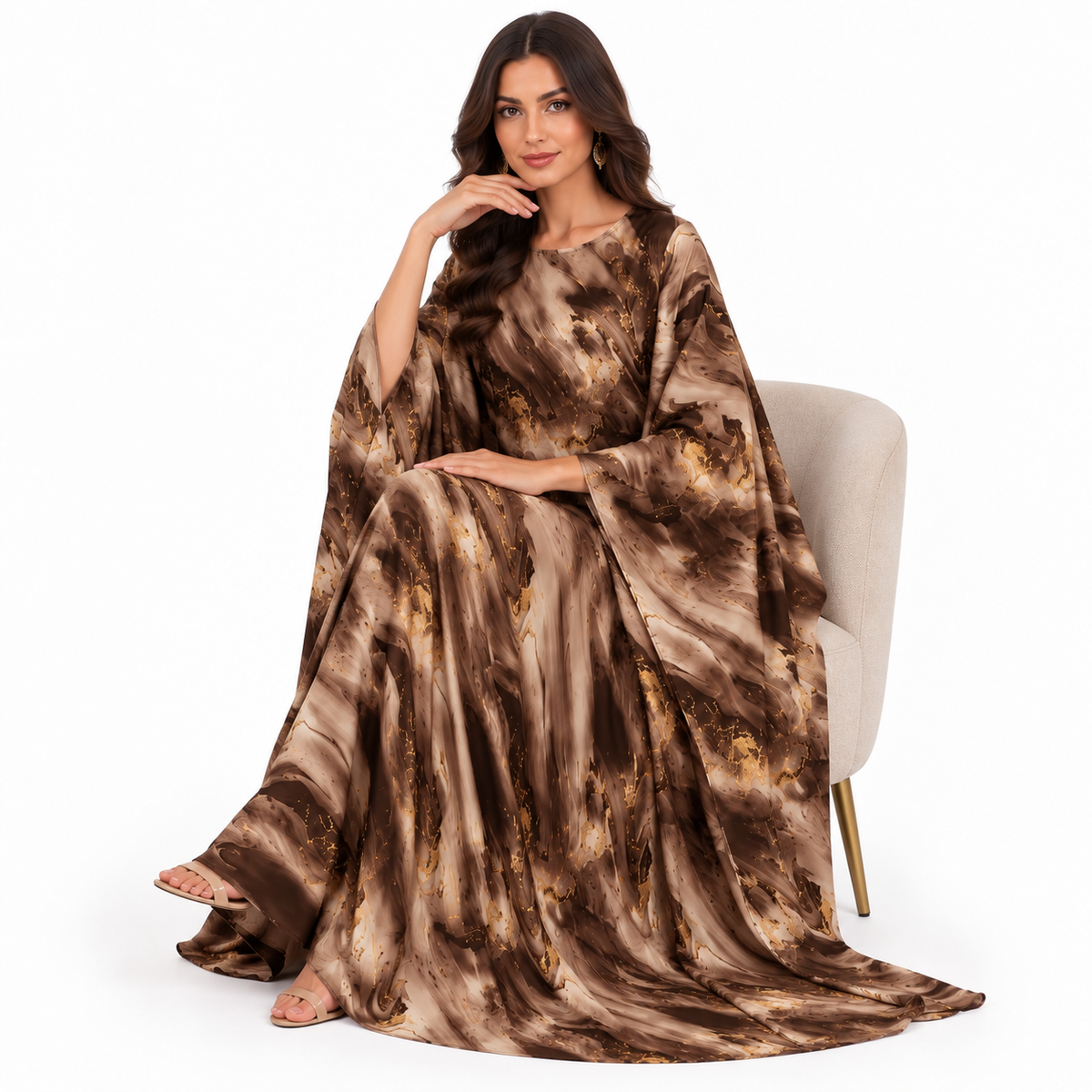 Coffee Marble Print Flowing Baju Kaftan