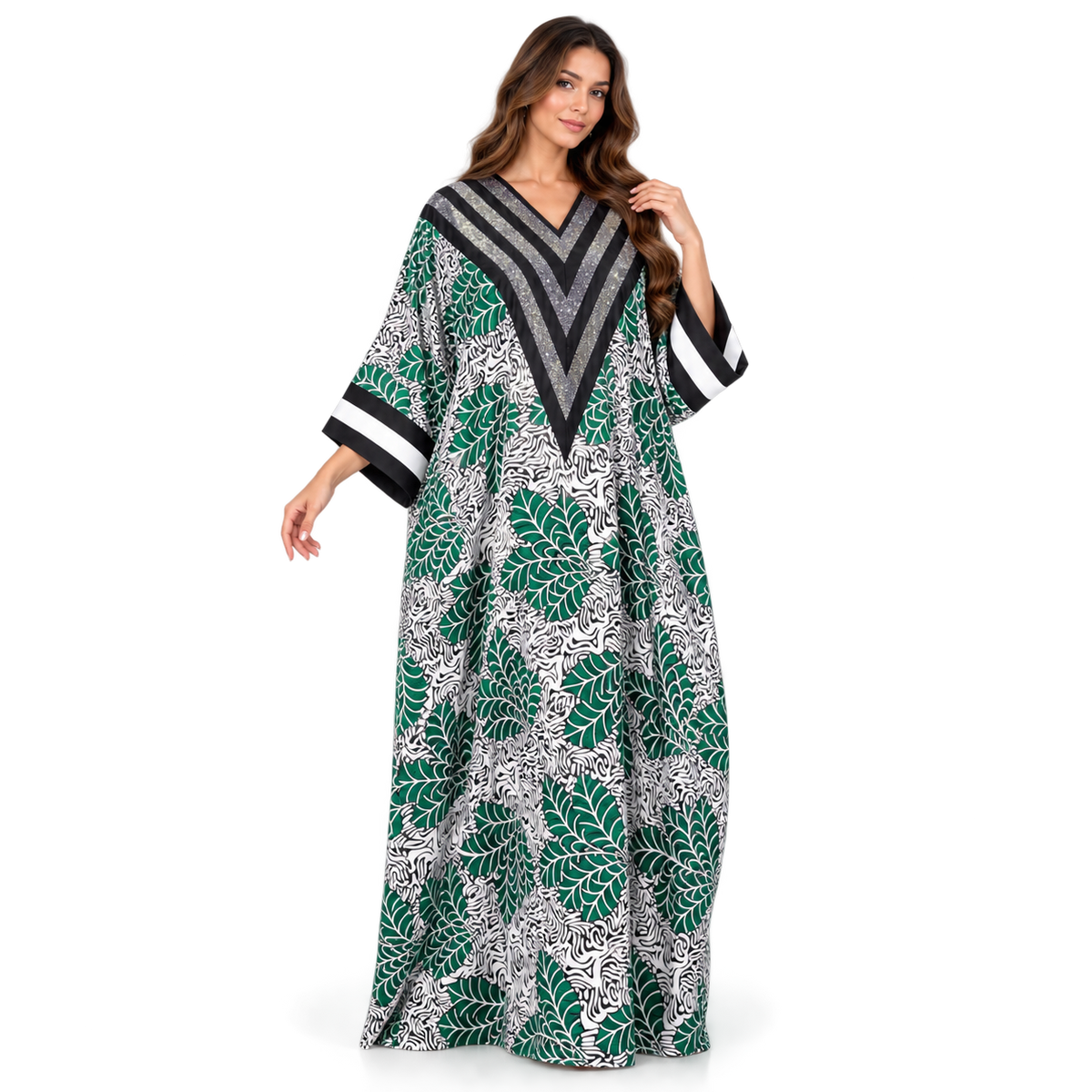 Emerald Leaf Print Shimmer Baju Kaftan