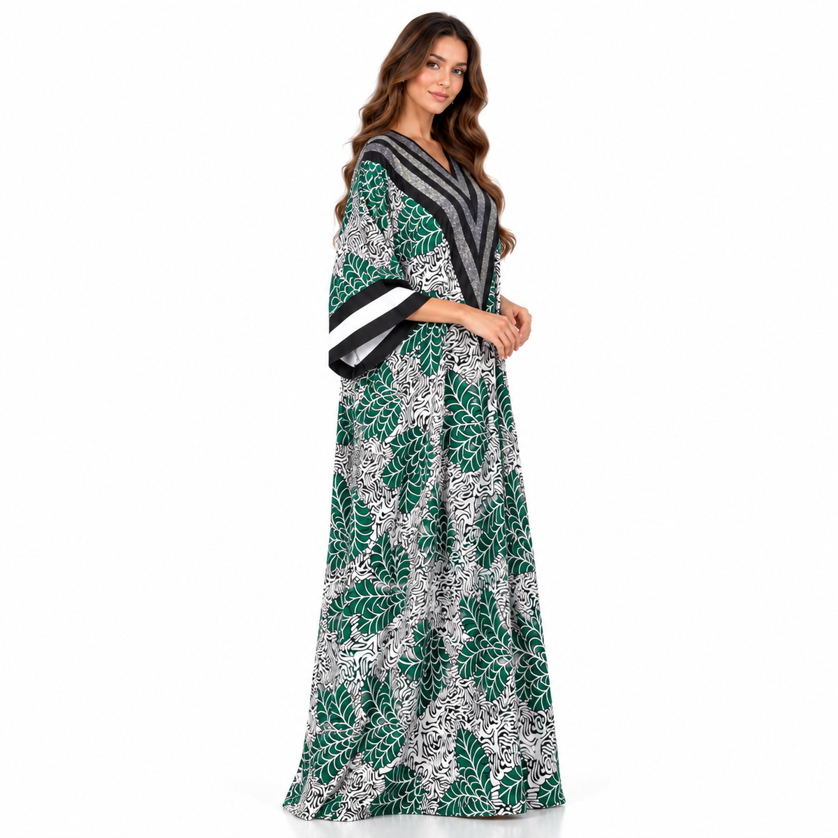 Emerald Leaf Print Shimmer Baju Kaftan