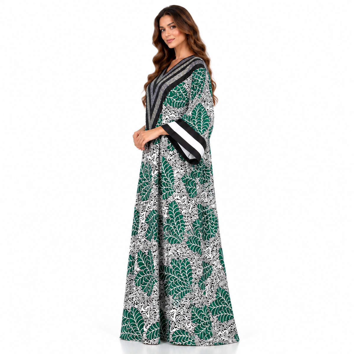 Emerald Leaf Print Shimmer Baju Kaftan