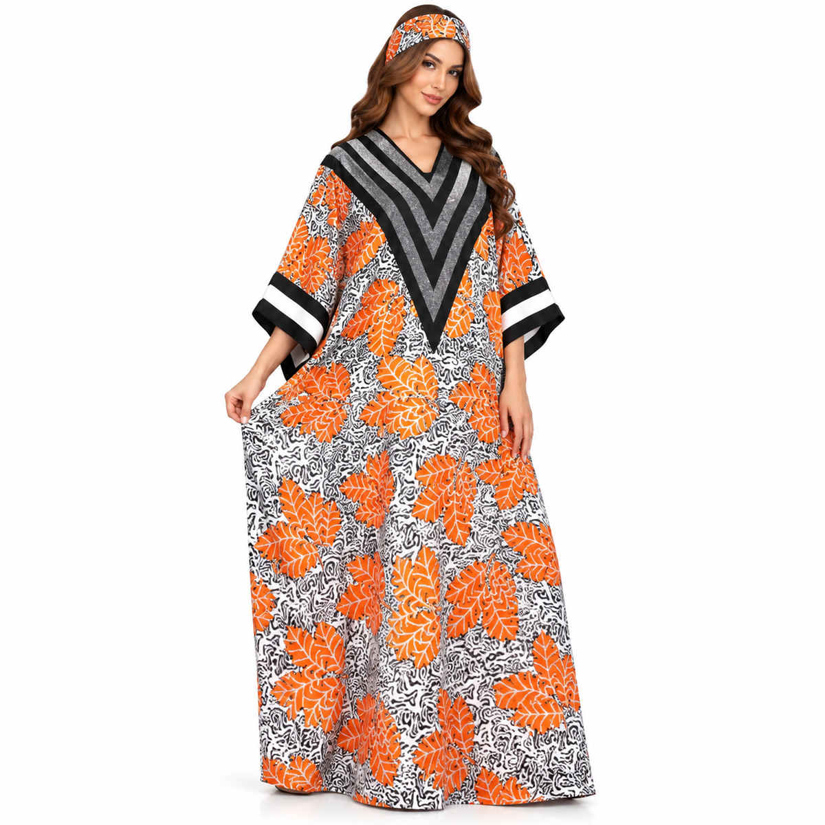 Orange Leaf Chevron Print Baju Kaftan