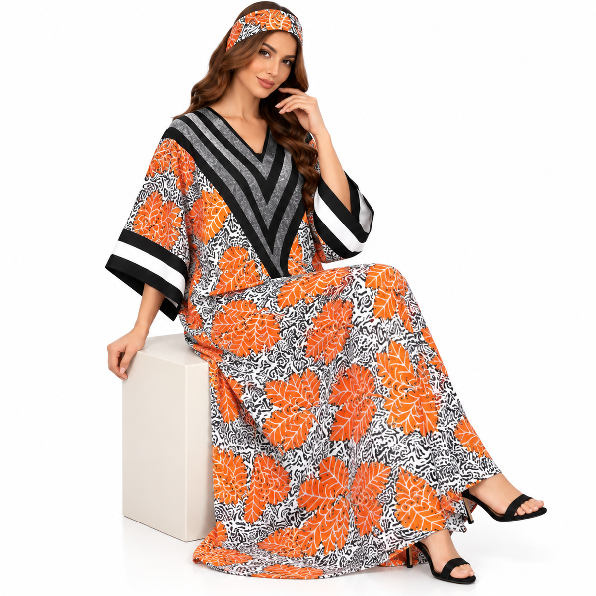 Orange Leaf Chevron Print Baju Kaftan