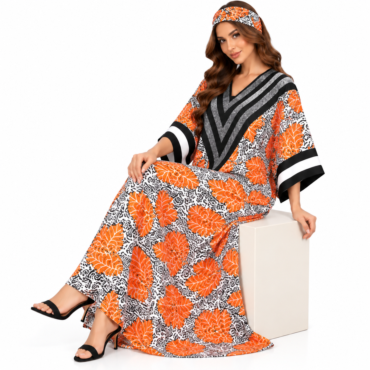 Orange Leaf Chevron Print Baju Kaftan