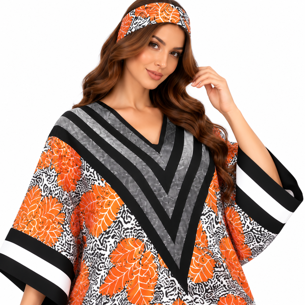 Orange Leaf Chevron Print Baju Kaftan