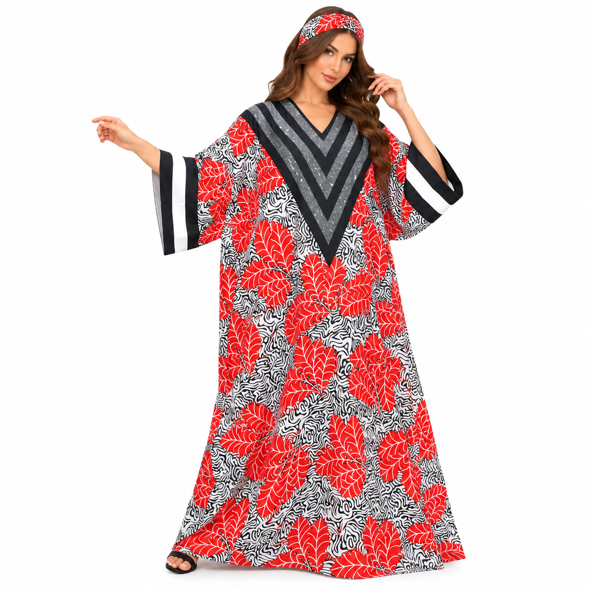 Red Leaf Chevron Print Baju Kaftan