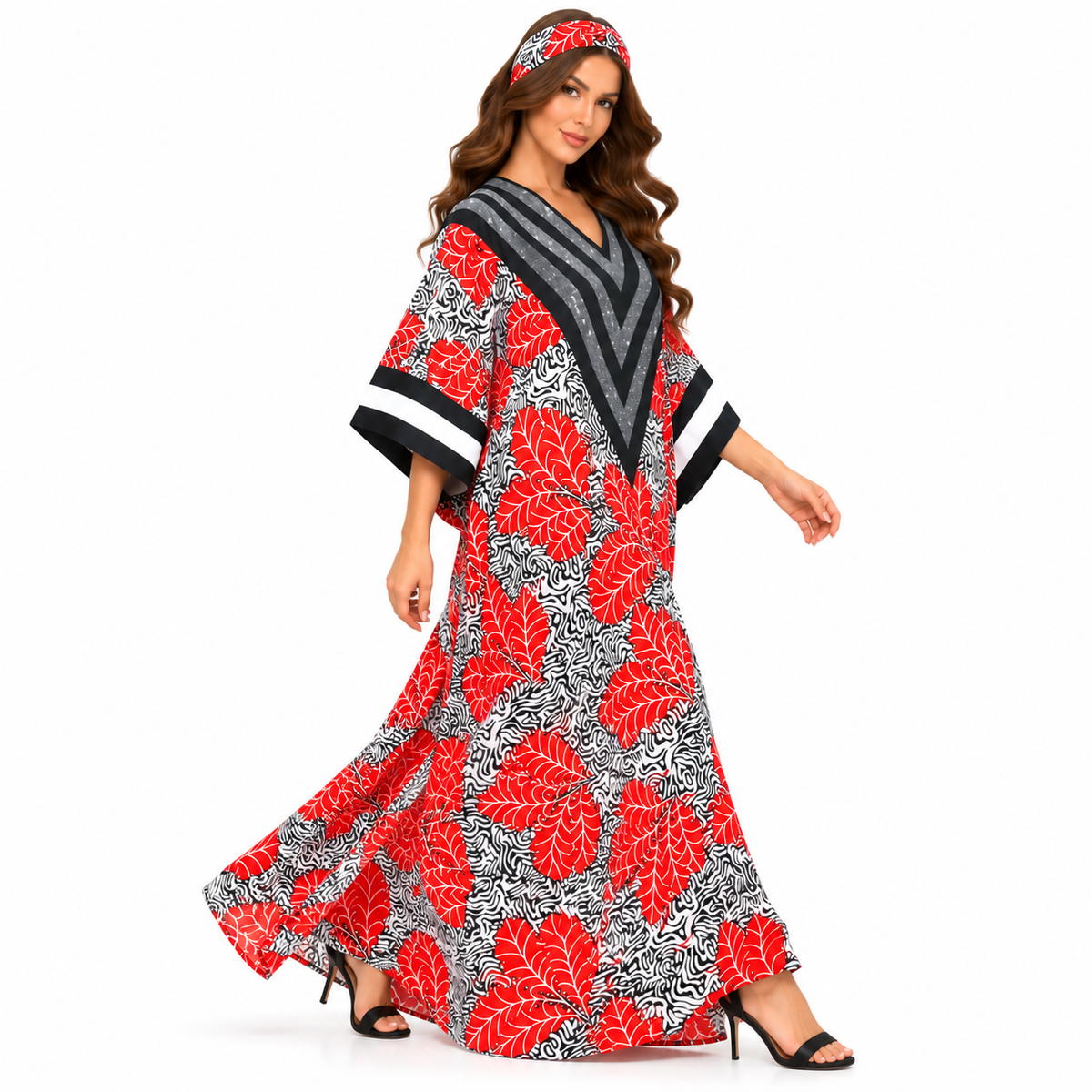 Red Leaf Chevron Print Baju Kaftan