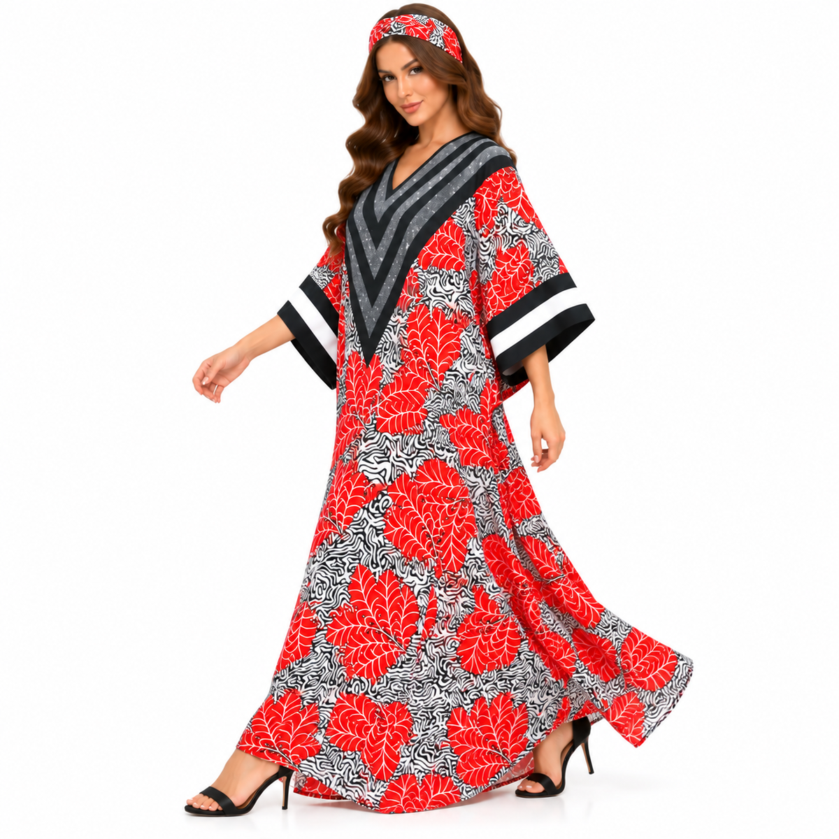 Red Leaf Chevron Print Baju Kaftan