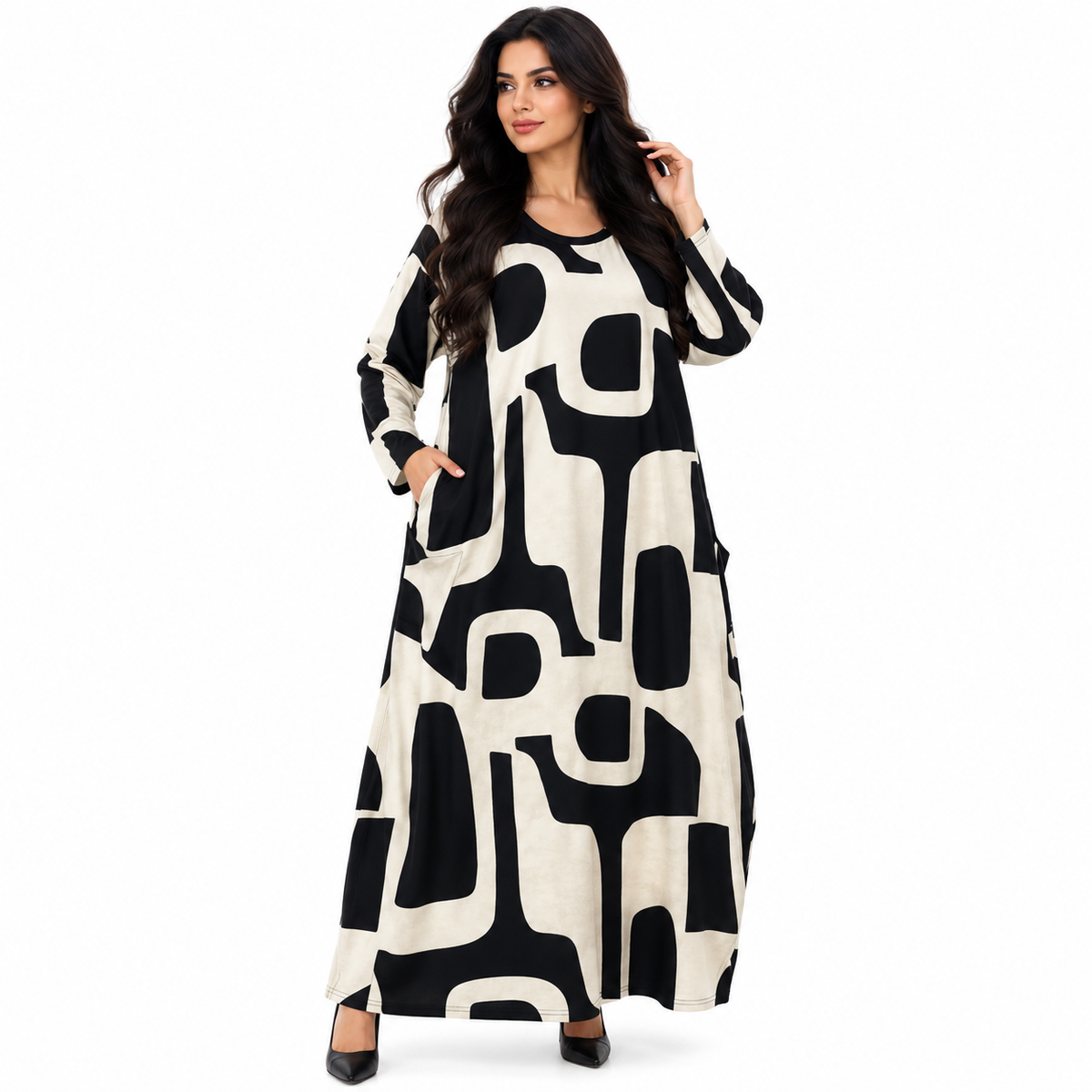 Black Abstract Print Women’s Baju Kaftan