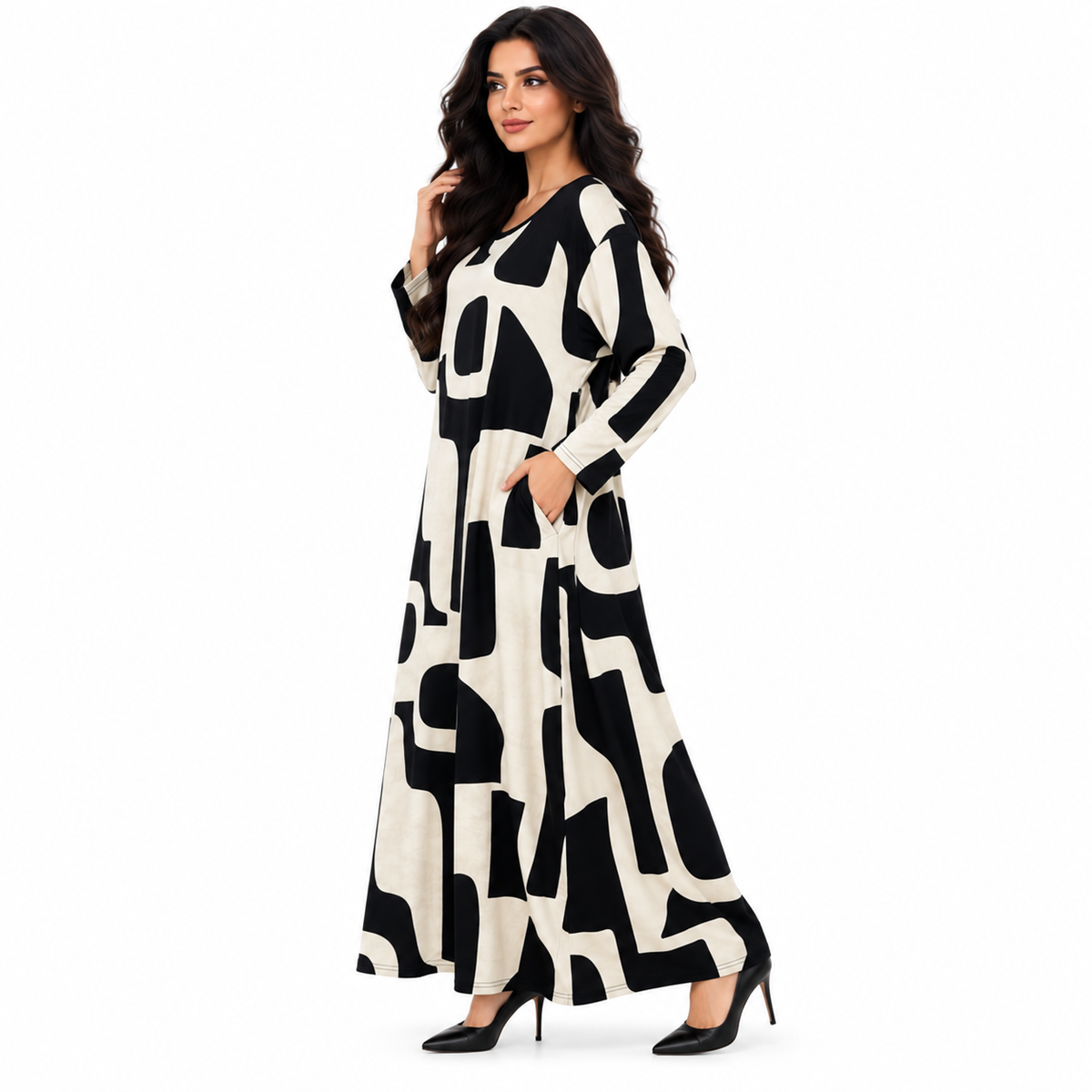 Black Abstract Print Women’s Baju Kaftan