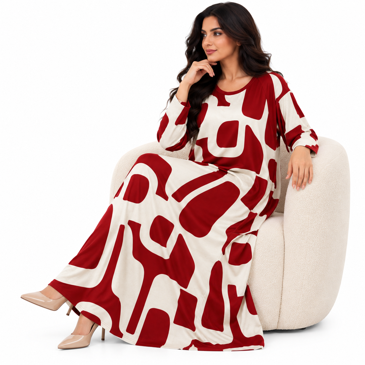 Red Abstract Print Women’s Baju Kaftan