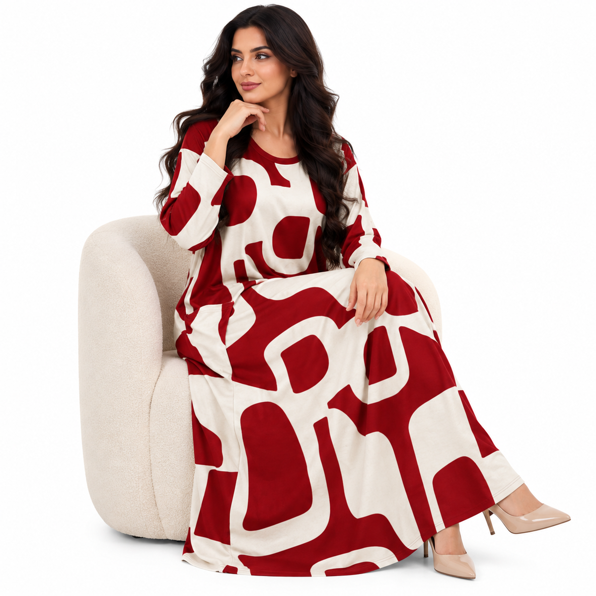 Red Abstract Print Women’s Baju Kaftan