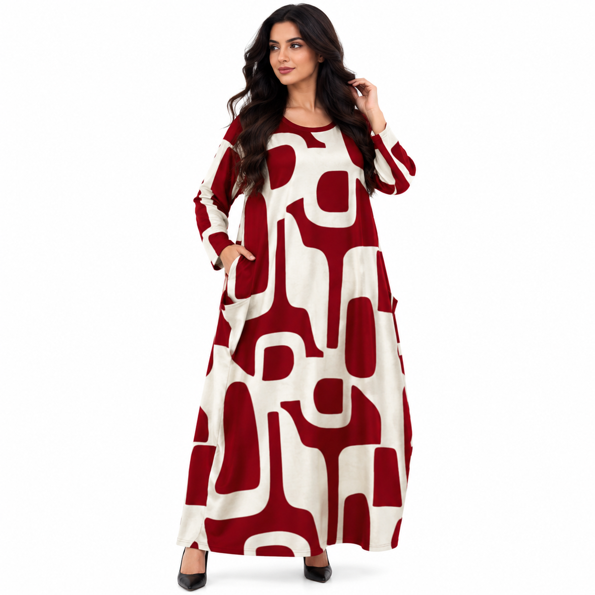 Red Abstract Print Women’s Baju Kaftan