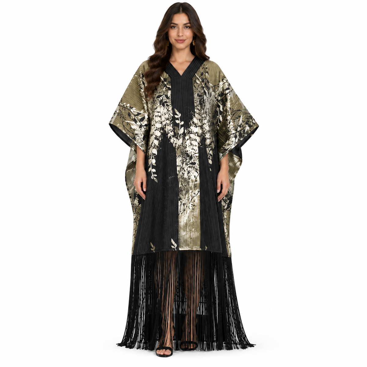 Black Metallic Botanical Fringe Baju Kaftan