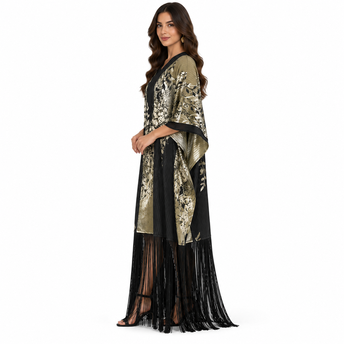Black Metallic Botanical Fringe Baju Kaftan