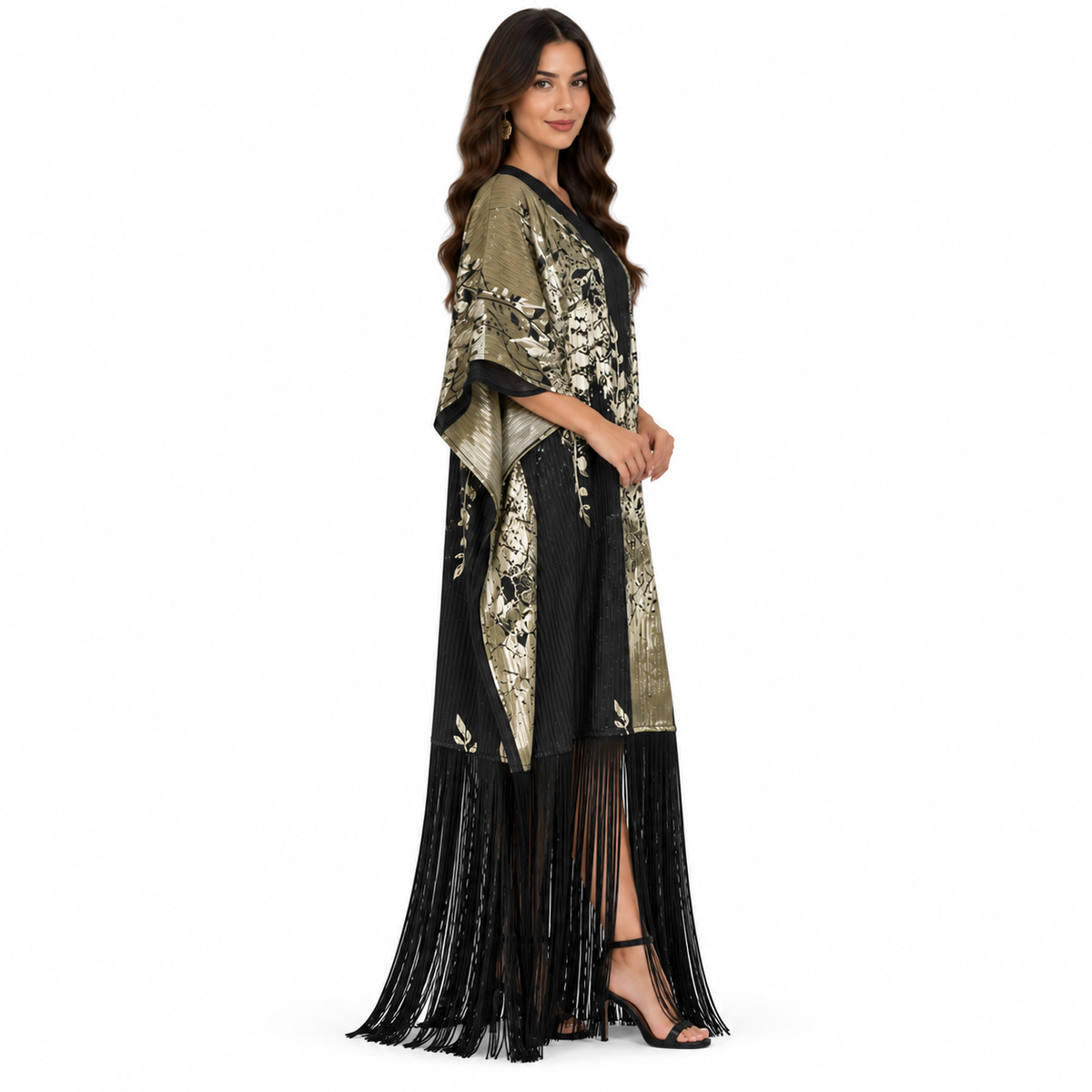 Black Metallic Botanical Fringe Baju Kaftan