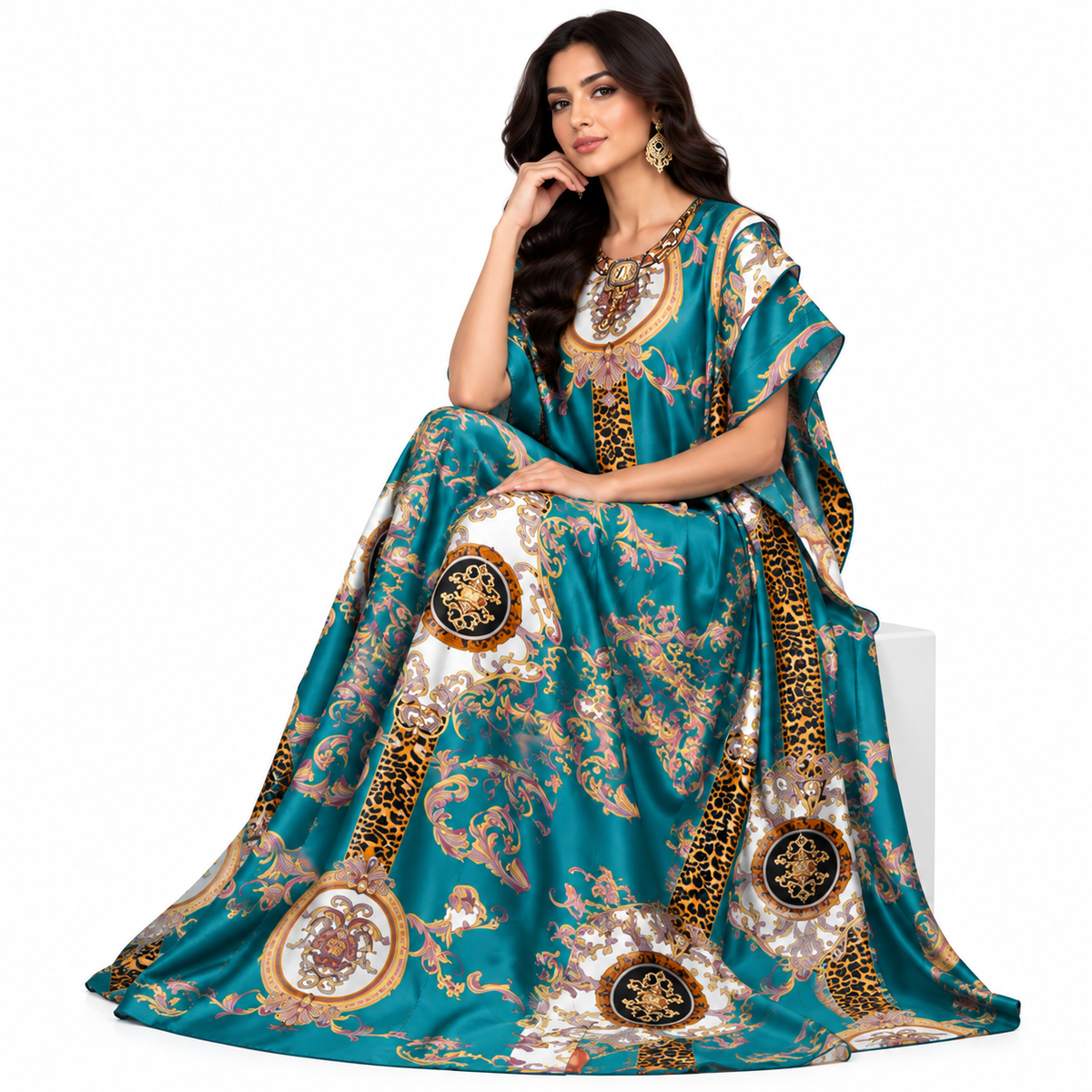 Lake Blue Baroque Printed Baju Kaftan