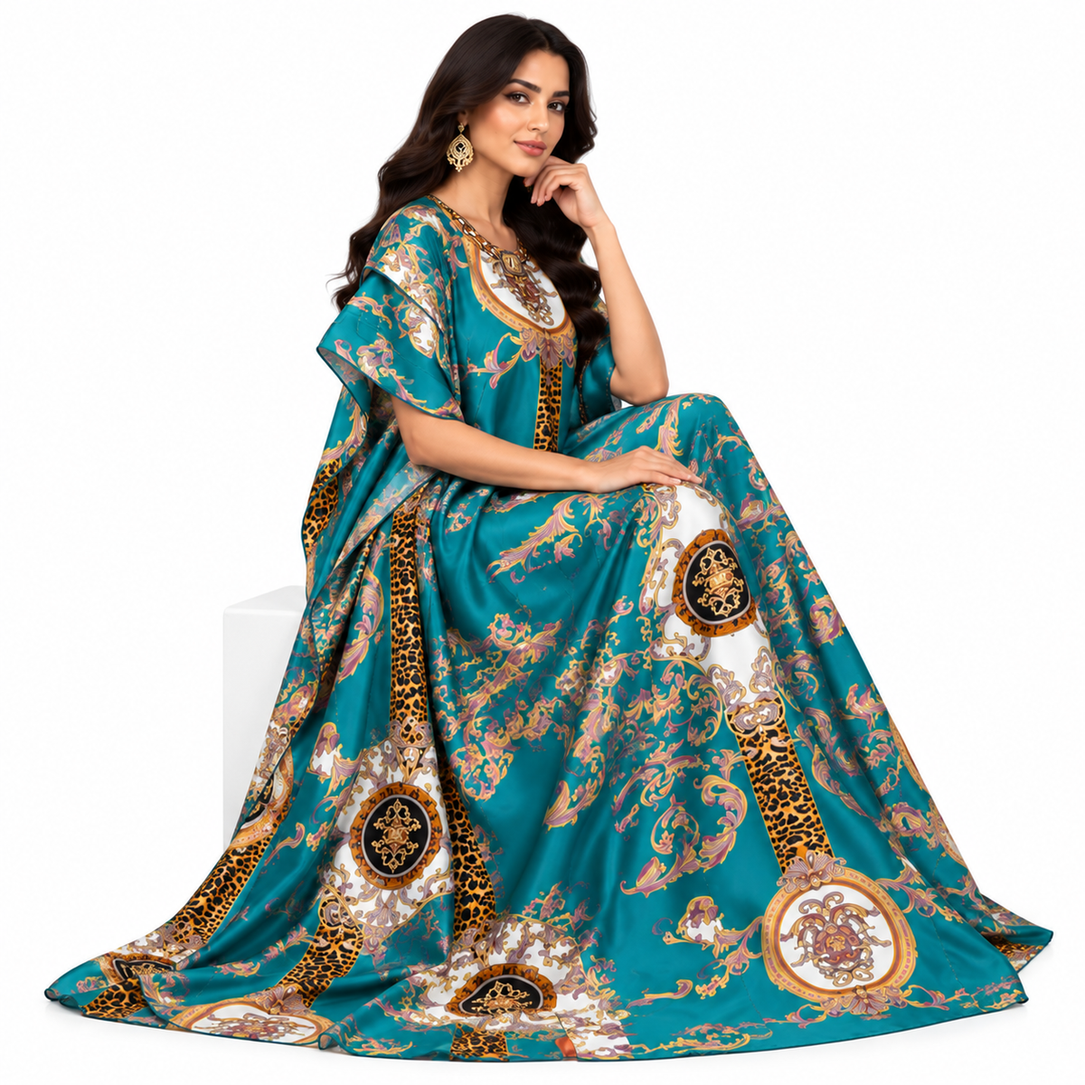 Lake Blue Baroque Printed Baju Kaftan