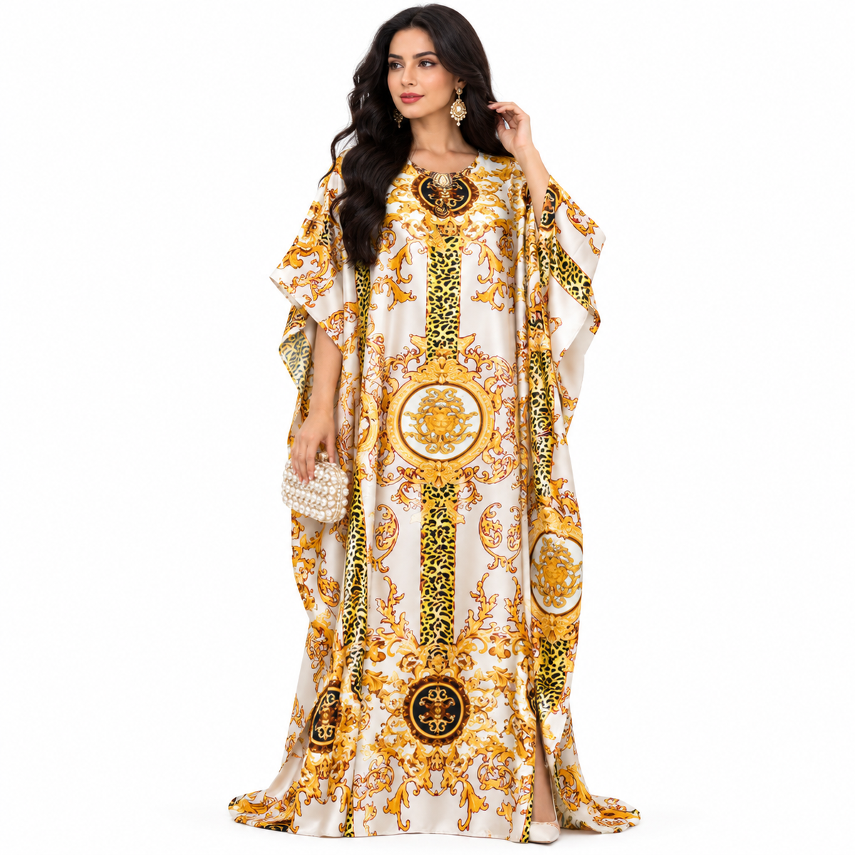Beige Baroque Print Luxury Baju Kaftan