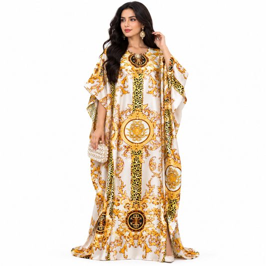 Beige Baroque Print Luxury Baju Kaftan