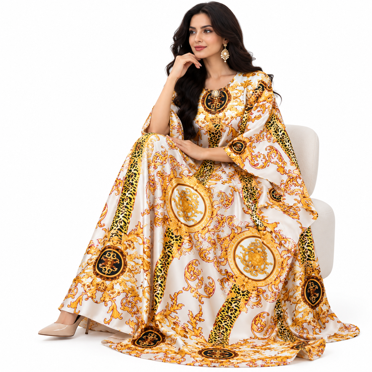 Beige Baroque Print Luxury Baju Kaftan