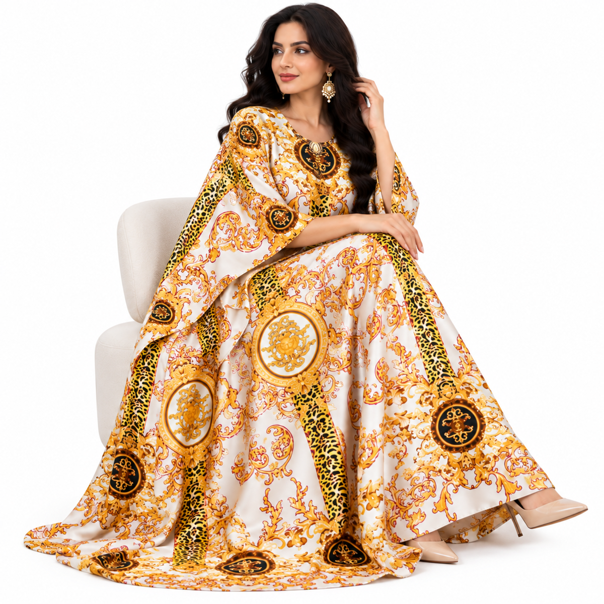 Beige Baroque Print Luxury Baju Kaftan
