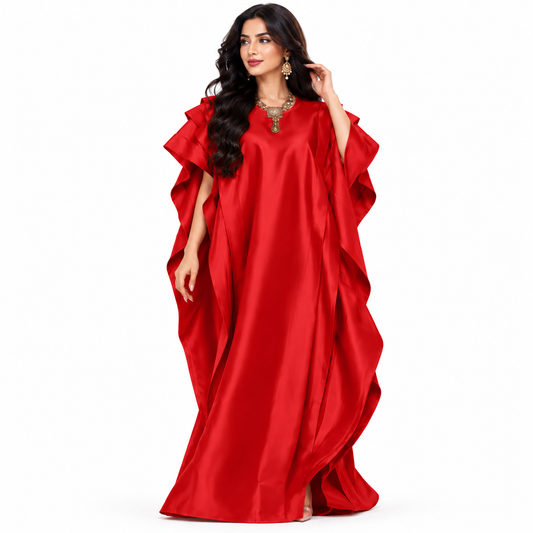 Elegant Red Satin Ruffled Baju Kaftan