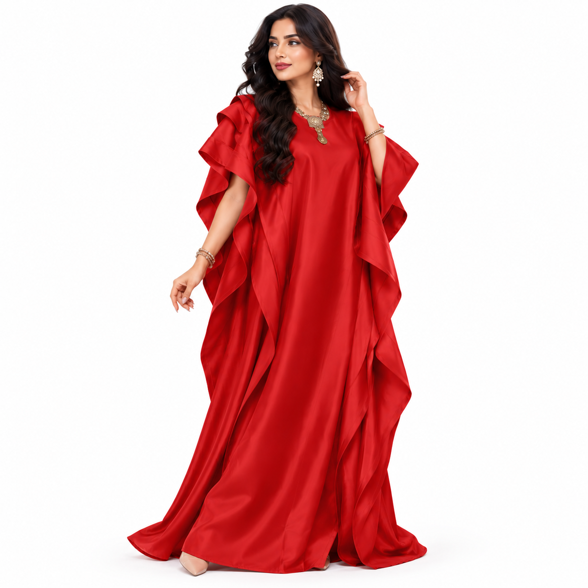 Elegant Red Satin Ruffled Baju Kaftan
