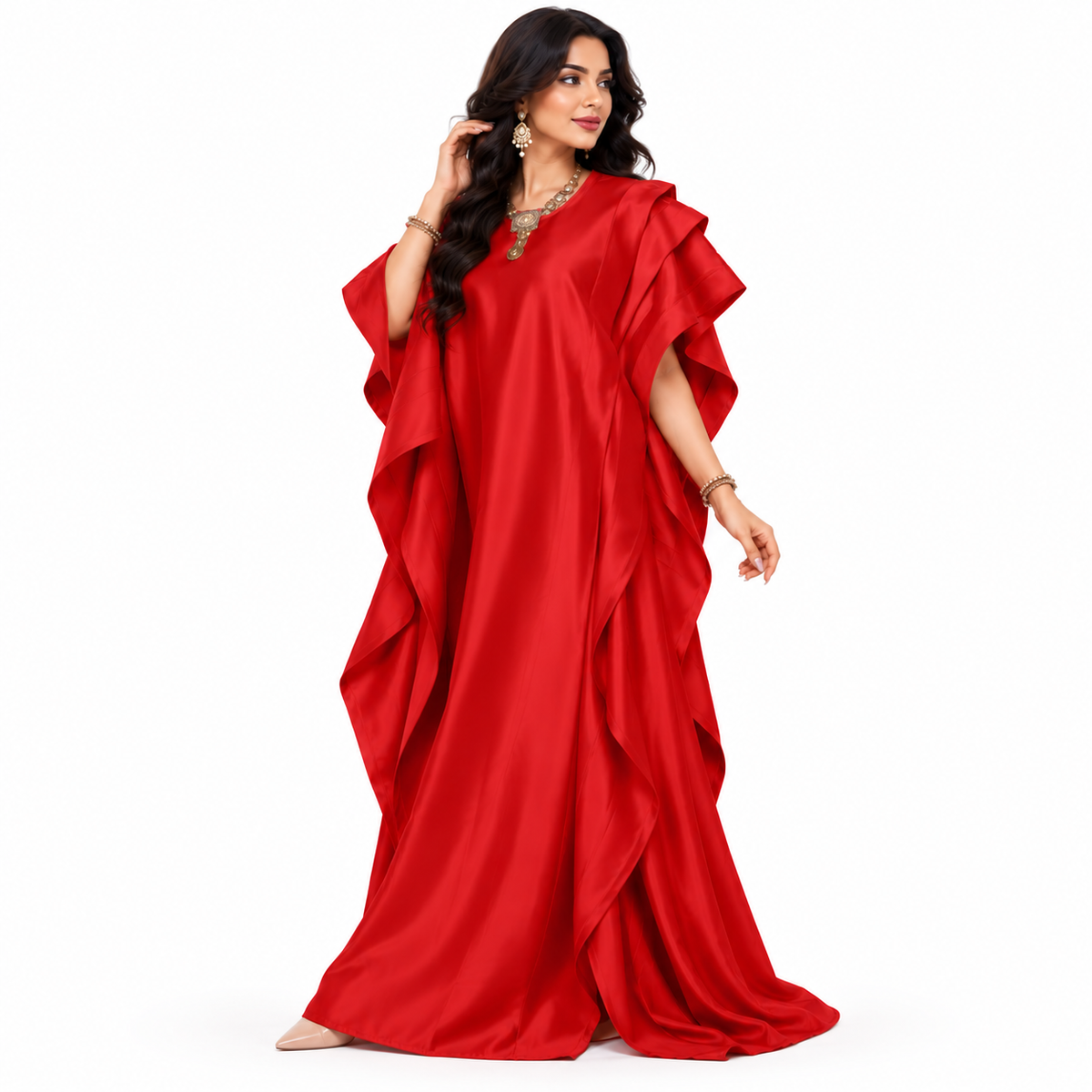 Elegant Red Satin Ruffled Baju Kaftan