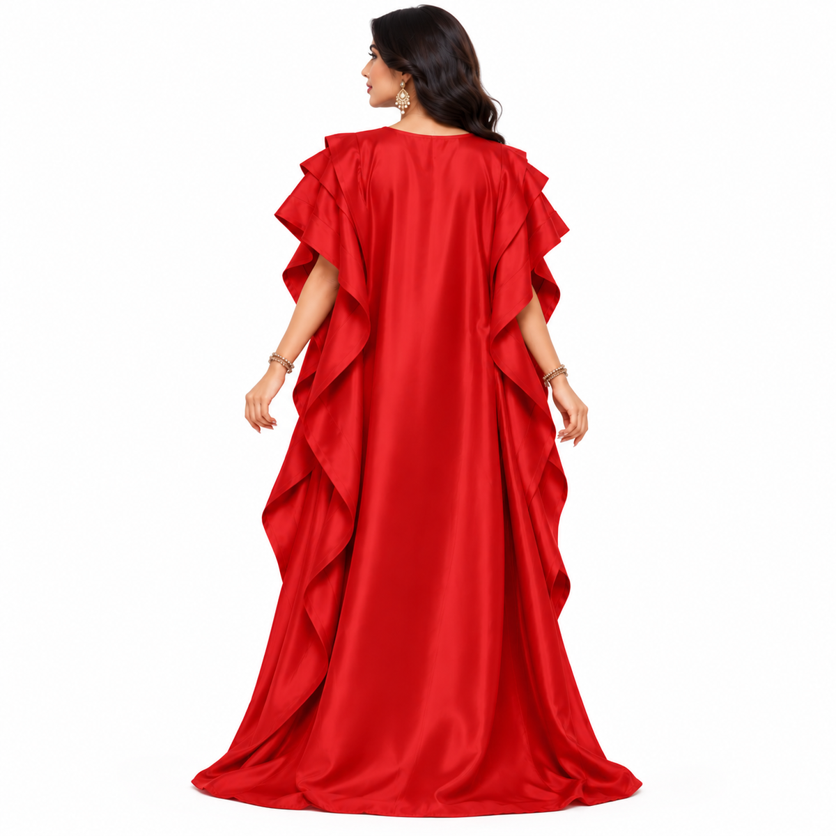 Elegant Red Satin Ruffled Baju Kaftan