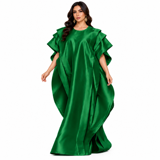 Emerald Green Ruffled Satin Baju Kaftan