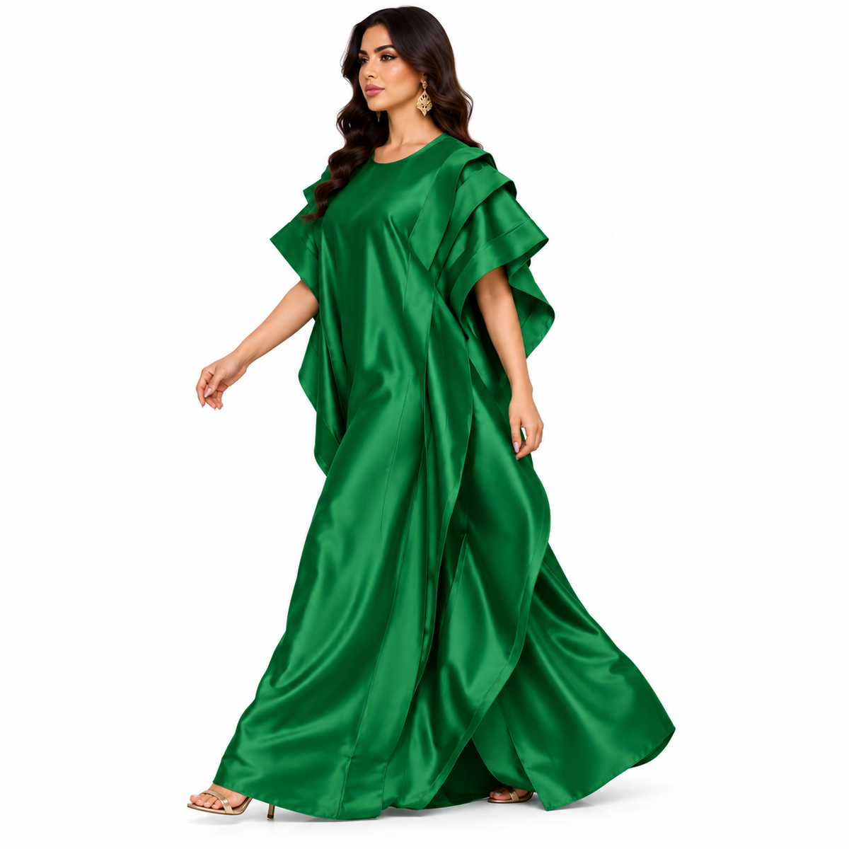 Emerald Green Ruffled Satin Baju Kaftan