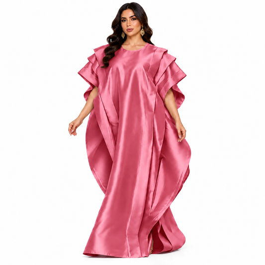 Rose Pink Ruffled Satin Baju Kaftan