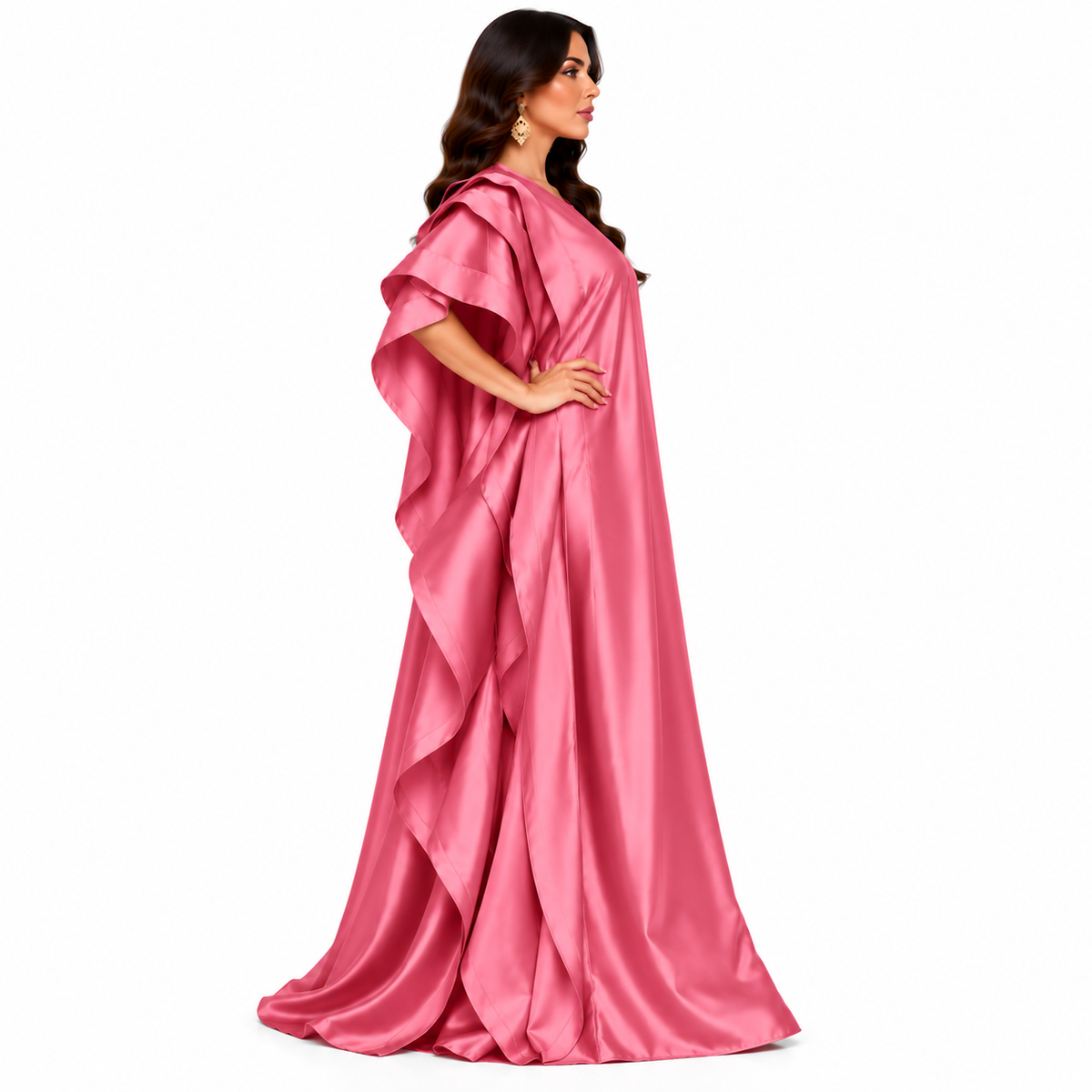 Rose Pink Ruffled Satin Baju Kaftan