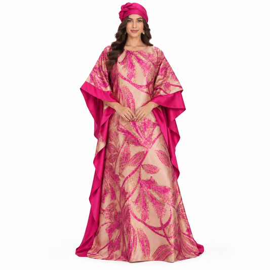 Fuchsia Botanical Satin Luxury Baju Kaftan