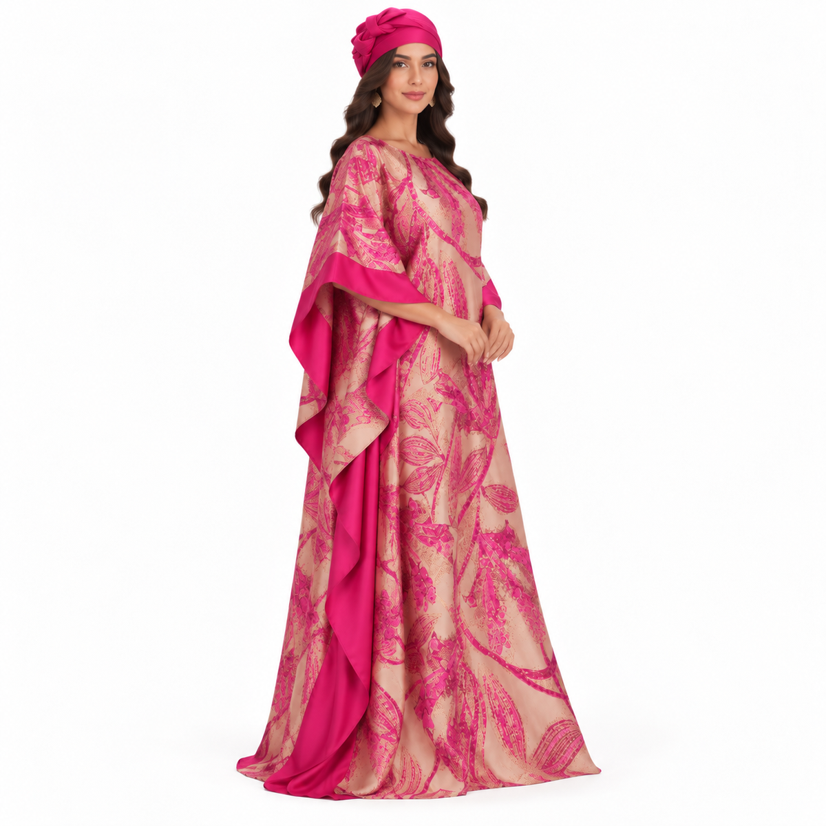 Fuchsia Botanical Satin Luxury Baju Kaftan