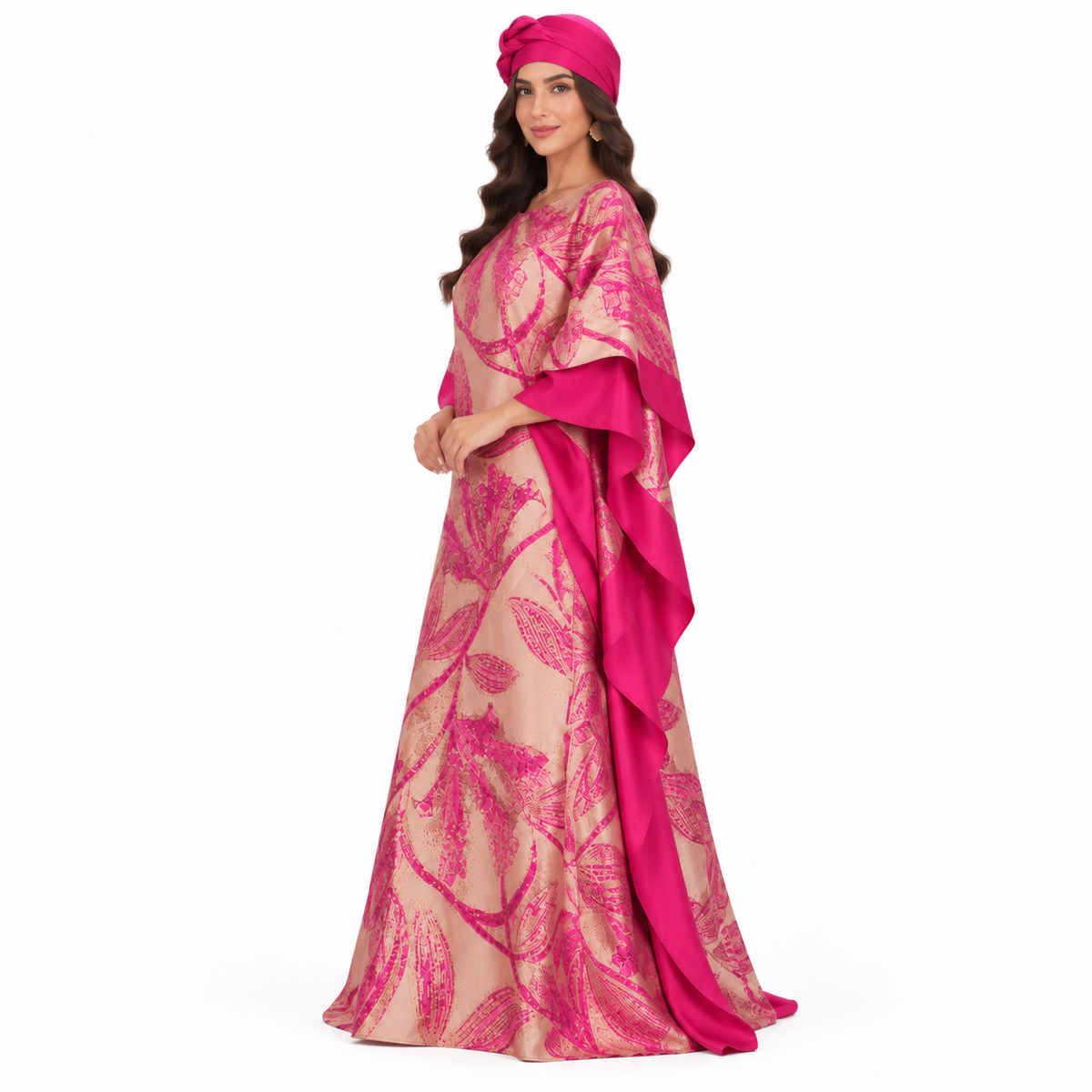 Fuchsia Botanical Satin Luxury Baju Kaftan