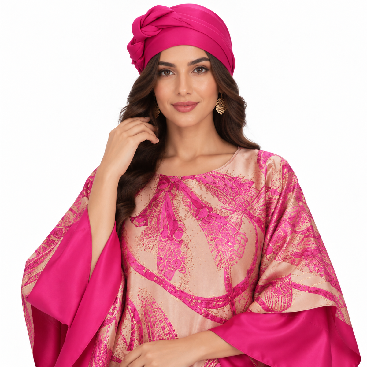 Fuchsia Botanical Satin Luxury Baju Kaftan