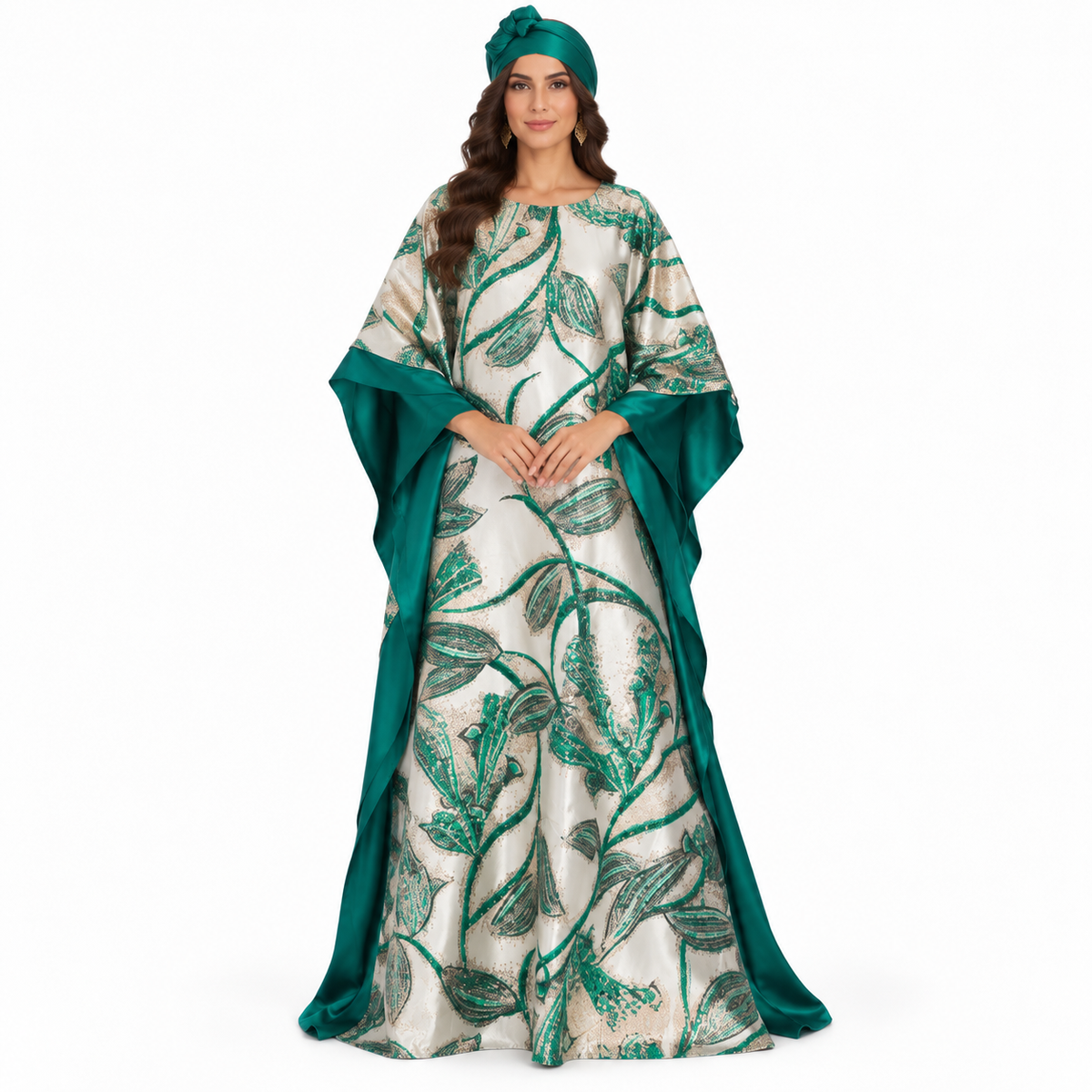 Green Emerald Botanical Satin Baju Kaftan