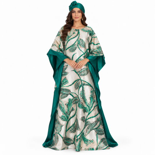 Green Emerald Botanical Satin Baju Kaftan