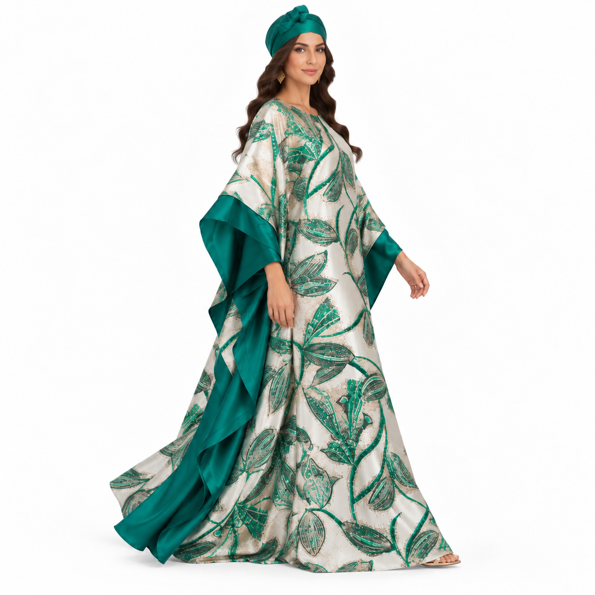 Green Emerald Botanical Satin Baju Kaftan